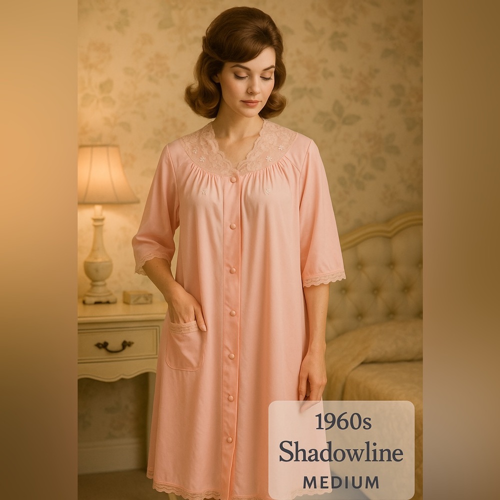 Vintage 1960s Shadowline Pink Nylon Robe Lace Medium